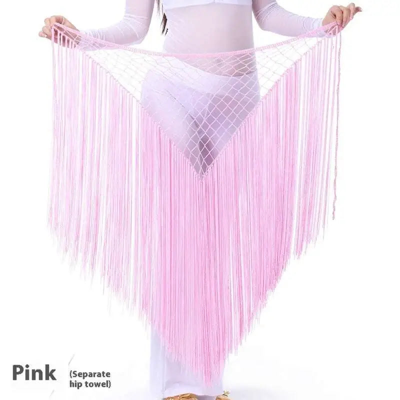 Pink argentina style triangular binder shawl with long fringe and mesh panel for dance use
