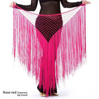 Argentina style triangular binder shawl in vibrant rose red with mesh design and long fringe dance tassels