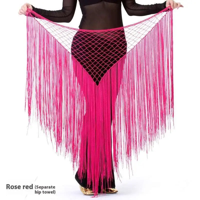 Argentina style triangular binder shawl in vibrant rose red with mesh design and long fringe dance tassels