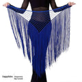 Sapphire-colored argentina style triangular binder shawl with mesh top and long fringe dance tassels