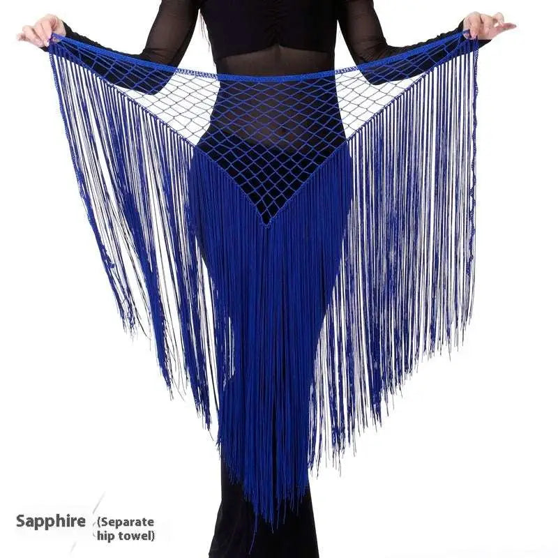 Sapphire-colored argentina style triangular binder shawl with mesh top and long fringe dance tassels