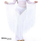 White mesh argentina style triangular binder shawl hip scarf with long flowing fringe for fringe dance