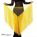 Bright yellow argentina style triangular binder shawl with fringe dance design mesh netting and separate hip towel
