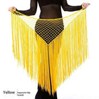 Bright yellow argentina style triangular binder shawl with fringe dance design mesh netting and separate hip towel