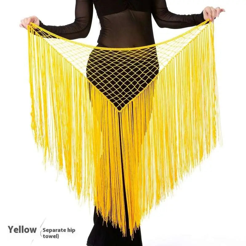 Bright yellow argentina style triangular binder shawl with fringe dance design mesh netting and separate hip towel