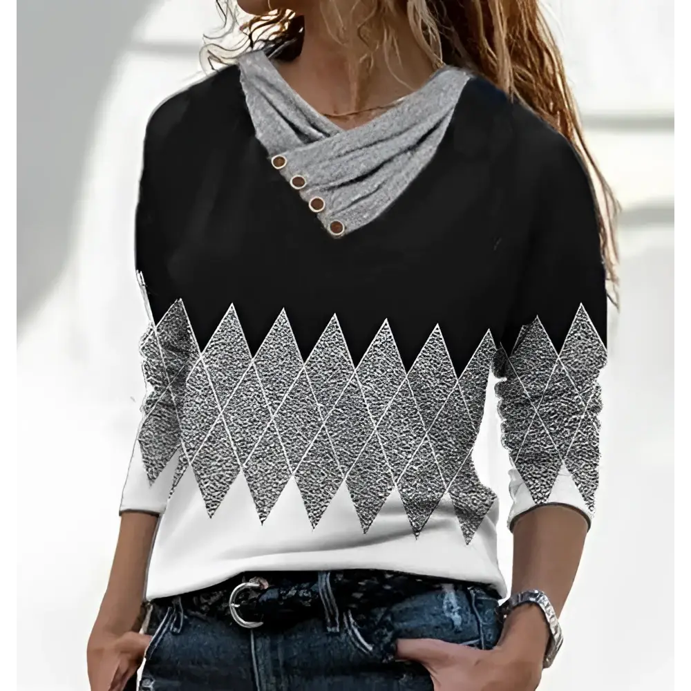 Black and white argyle printed irregular collar long sleeve top with gray cowl neck and silver-gray argyle pattern