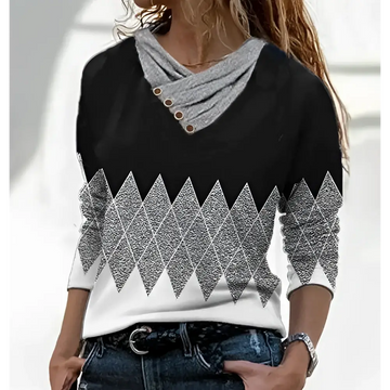 Black and white argyle printed irregular collar long sleeve top with gray cowl neck and silver-gray argyle pattern