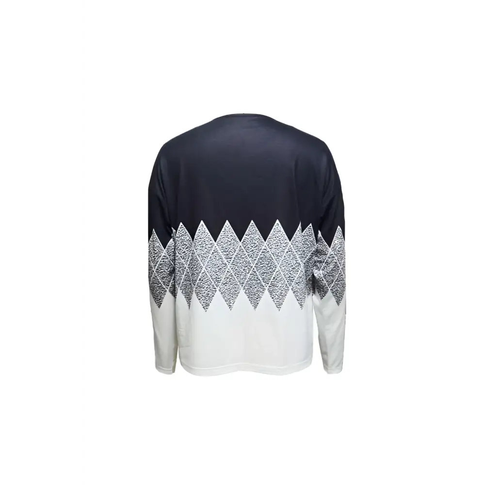 Black and white argyle printed irregular collar long sleeve top with geometric diamond pattern fading from black to white