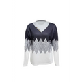 Navy and white argyle printed irregular collar long sleeve top with v-neck and gray geometric diamond pattern across chest