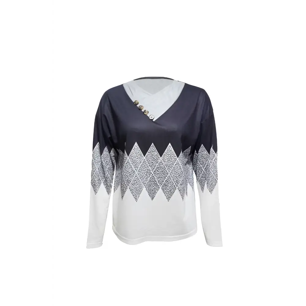 Navy and white argyle printed irregular collar long sleeve top with v-neck and gray geometric diamond pattern across chest