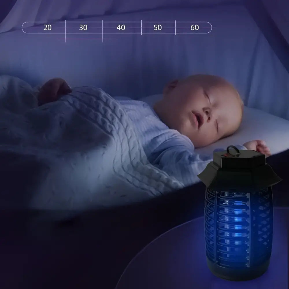 Aromatherapy mosquito lamp electric uv insect killer with blue glowing grid and dark green top and base for effective mosquito control