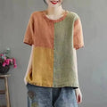 Artistic design half sleeve cotton linen contrast top in earthy rust olive green and mustard yellow patchwork tones