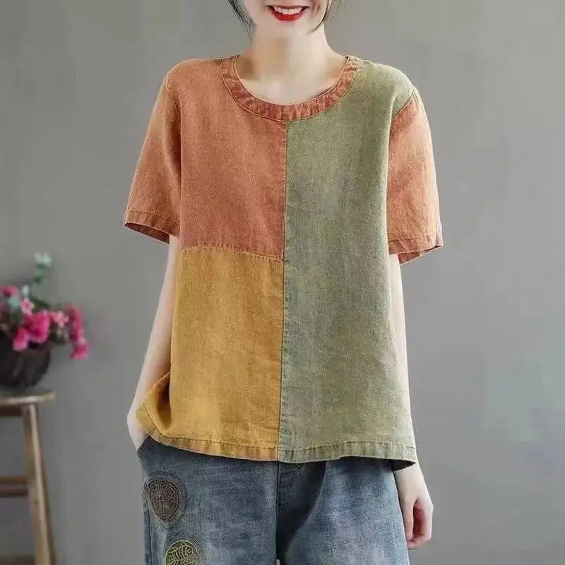 Artistic design half sleeve cotton linen contrast top in earthy rust olive green and mustard yellow patchwork tones