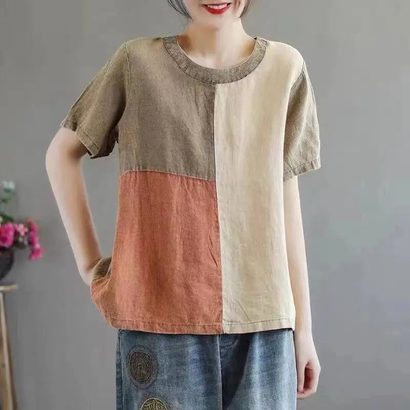 A soft artistic design half sleeve cotton linen contrast top with a patchwork in beige olive green and terracotta