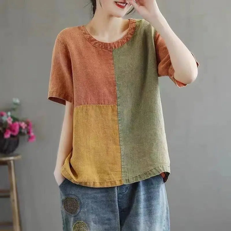 Artistic design half sleeve cotton linen contrast top with patchwork linen contrast panels in rust-orange olive green and mustard yellow