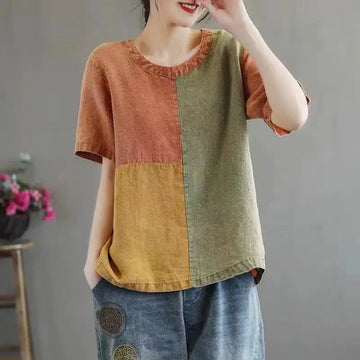 Artistic design half sleeve cotton linen contrast top with patchwork linen contrast panels in rust-orange olive green and mustard yellow