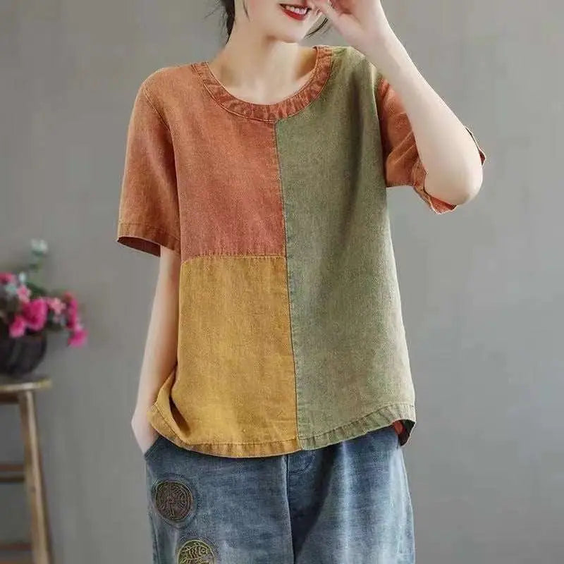 Artistic design half sleeve cotton linen contrast top with patchwork linen contrast panels in rust orange olive and mustard yellow