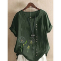 Dark green linen printed casual shirt with embroidered dandelion designs and brown buttons button-down front