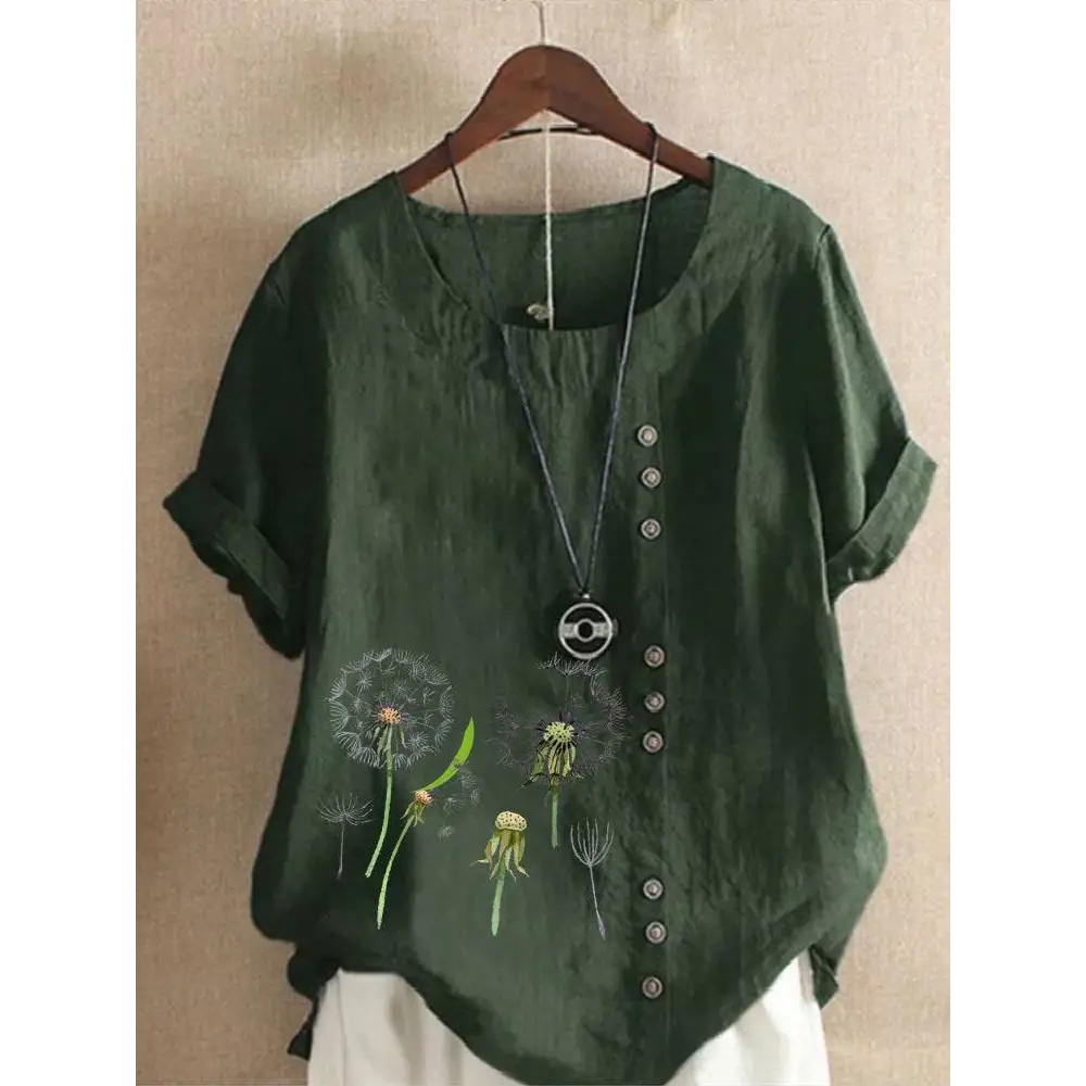 Dark green linen printed casual shirt with embroidered dandelion designs and brown buttons button-down front