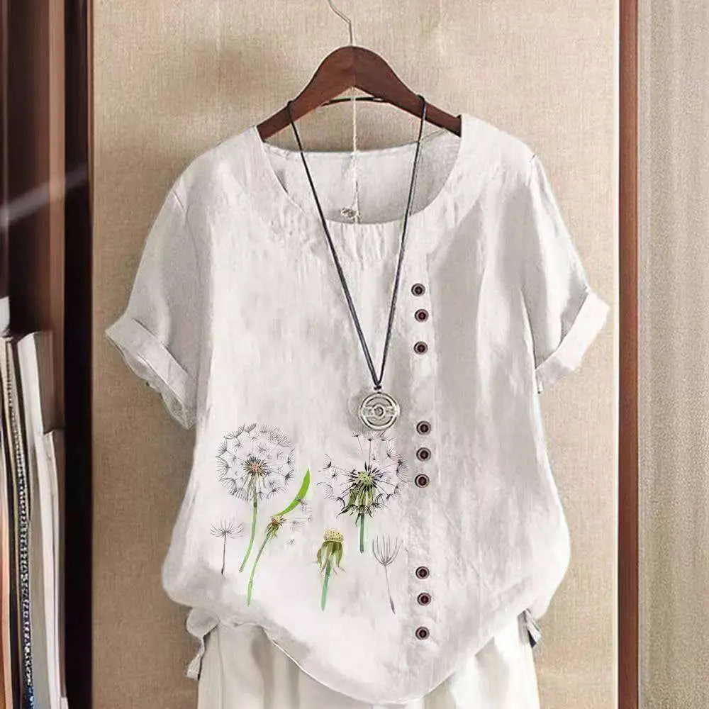 White linen printed casual shirt with embroidered dandelion designs and dark brown buttons down the front