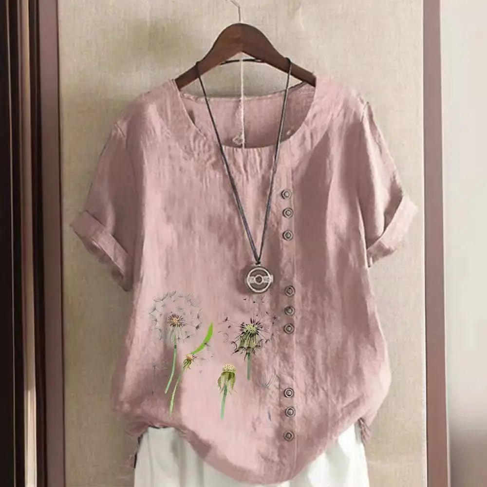 White linen printed casual shirt with embroidered dandelion designs and dark brown buttons down the front