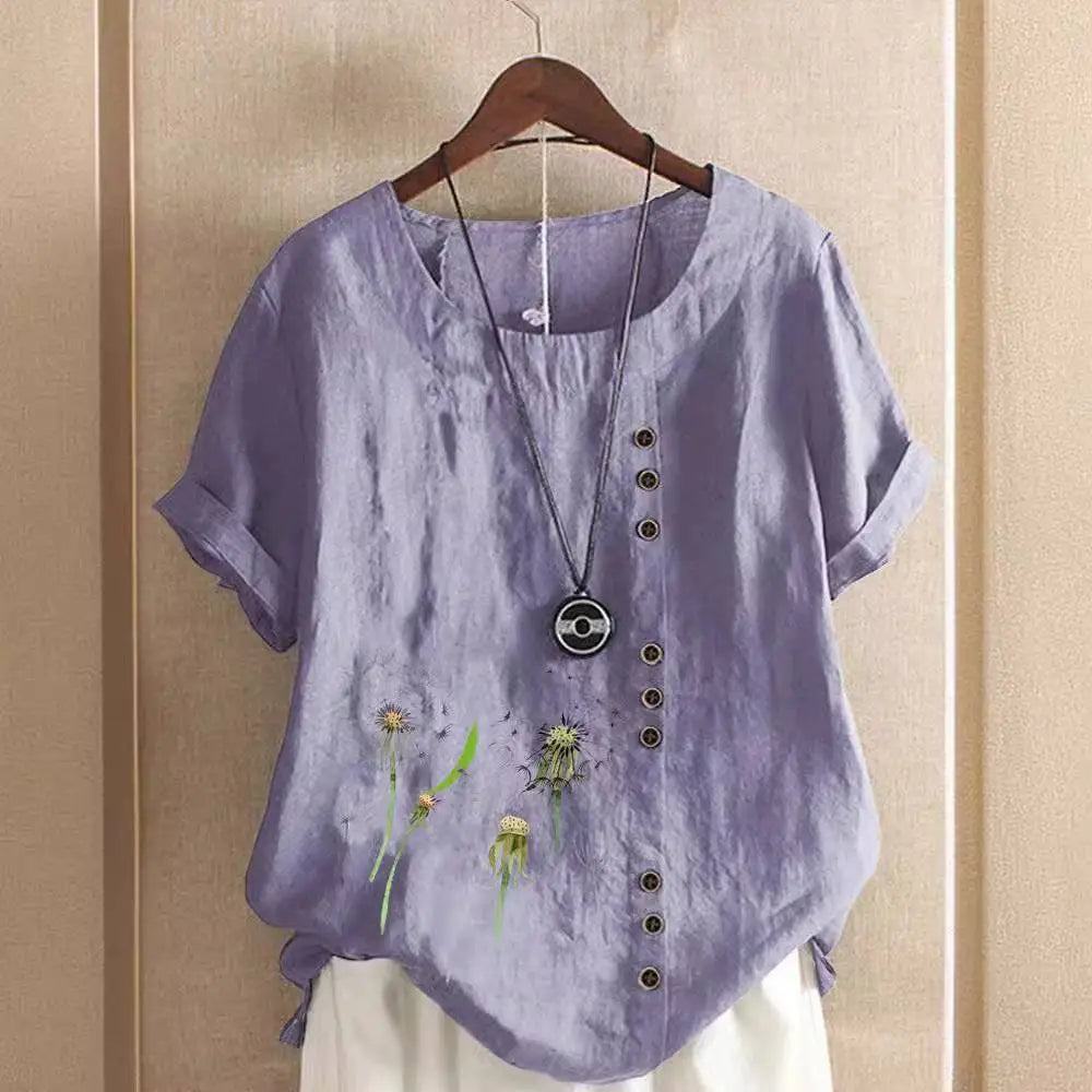 Lavender linen printed casual shirt with short sleeves square neckline brown buttons and embroidered dandelion designs