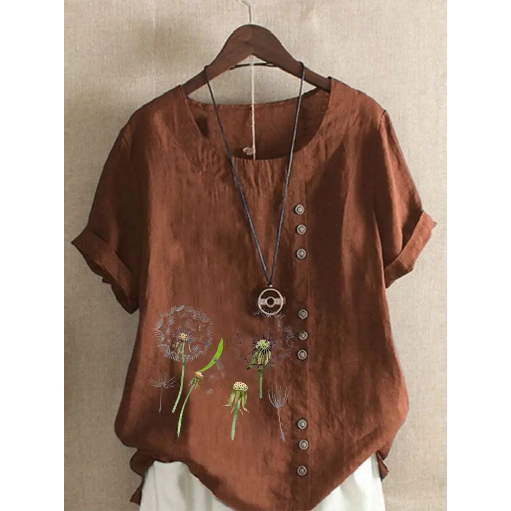Artistic retro cotton dandelion printed linen top in rust with delicate embroidered dandelion designs and brown buttons