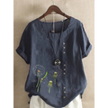 Dark blue linen printed casual top featuring embroidered dandelion designs and brown buttons for a retro look
