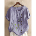 Artistic retro cotton dandelion printed casual shirt in lavender linen with embroidered dandelion designs and brown buttons