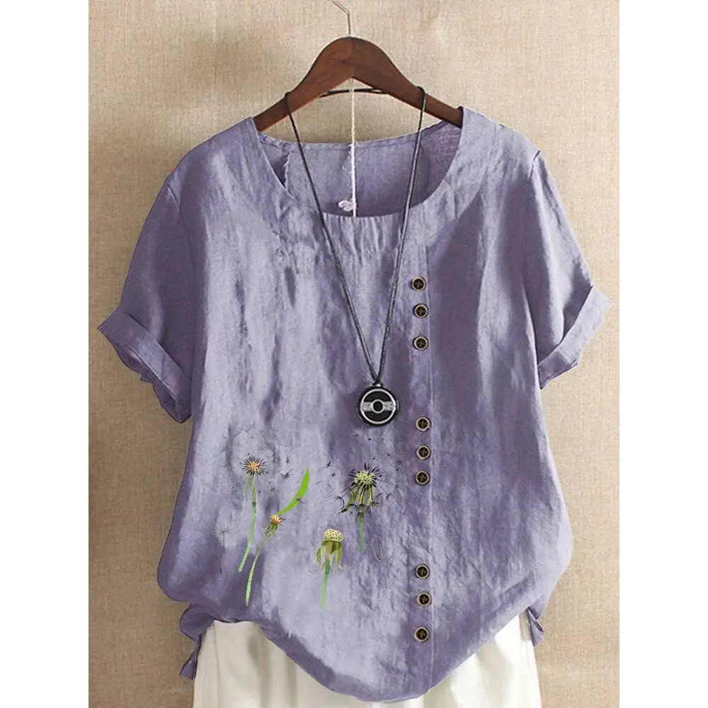 Artistic retro cotton dandelion printed casual shirt in lavender linen with embroidered dandelion designs and brown buttons