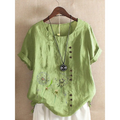 Artistic retro cotton dandelion printed casual shirt in light green linen with embroidered dandelion designs and brown buttons
