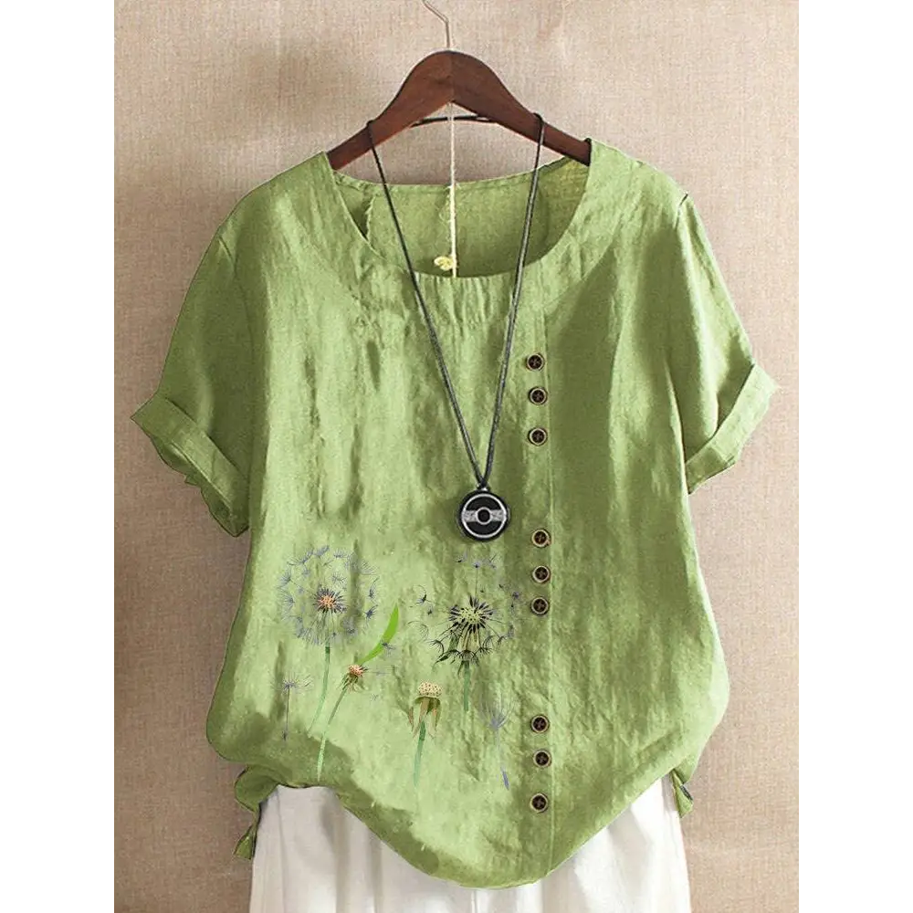 Artistic retro cotton dandelion printed casual shirt in light green linen with embroidered dandelion designs and brown buttons