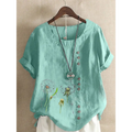 Artistic retro cotton dandelion printed casual shirt in light teal linen with embroidered dandelion designs and brown buttons