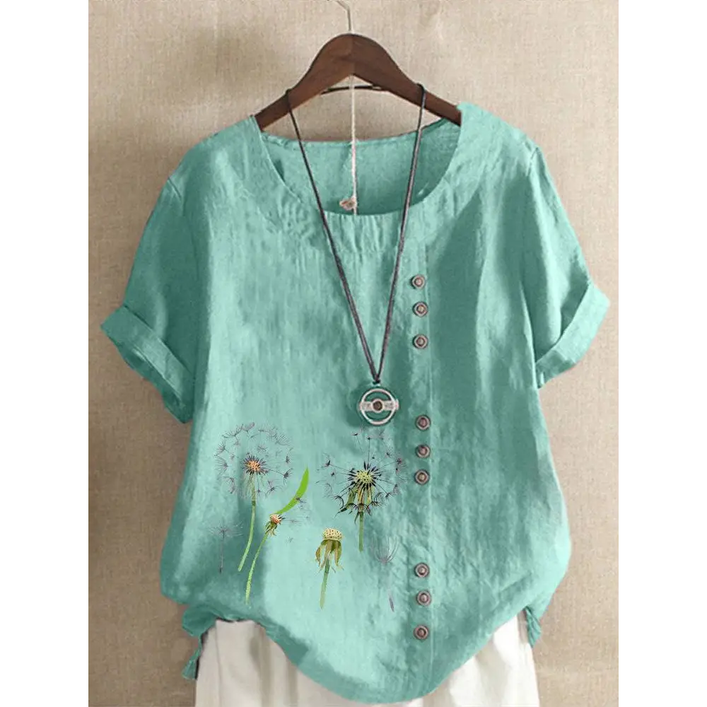 Artistic retro cotton dandelion printed casual shirt in light teal linen with embroidered dandelion designs and brown buttons