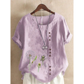 Artistic retro cotton dandelion printed casual shirt with soft lavender linen printed casual fabric, embroidered dandelion designs, and brown buttons