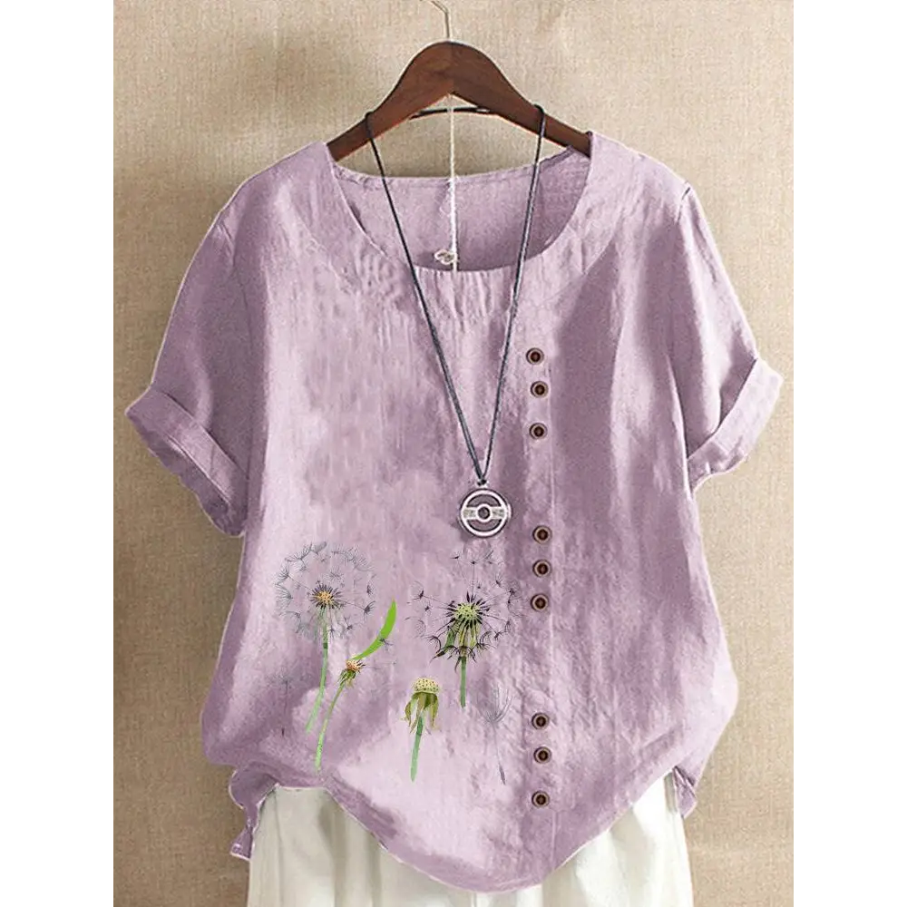 Artistic retro cotton dandelion printed casual shirt with soft lavender linen printed casual fabric, embroidered dandelion designs, and brown buttons