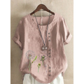 Artistic retro cotton dandelion printed casual shirt in soft pink linen with embroidered dandelion designs and brown buttons