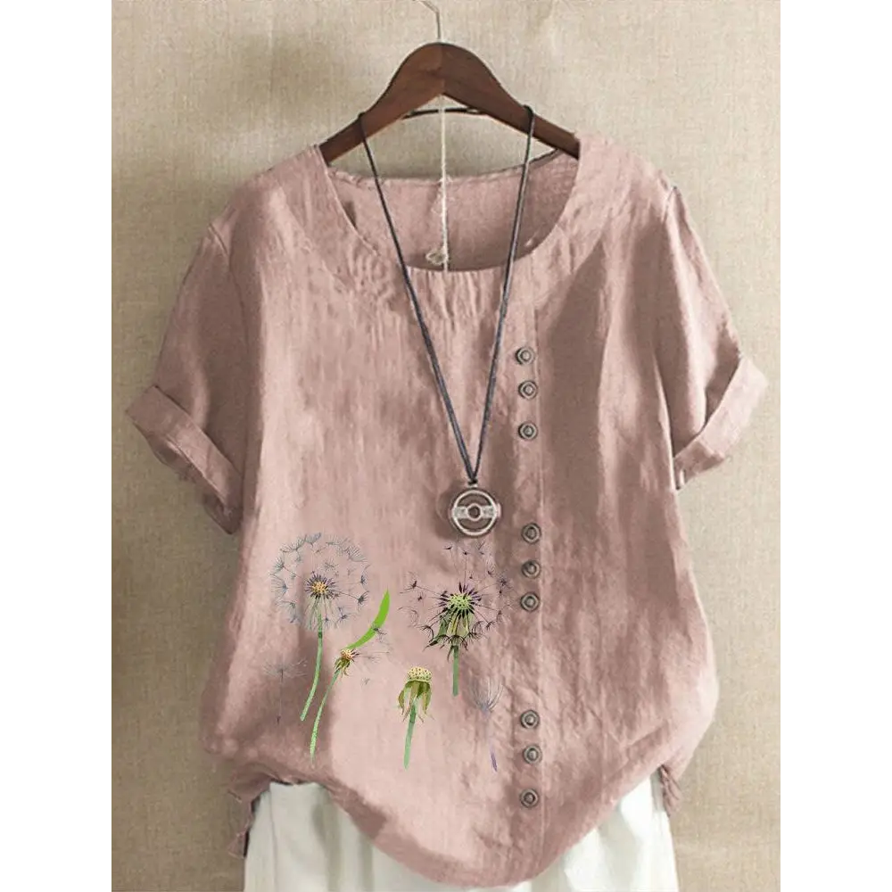 Artistic retro cotton dandelion printed casual shirt in soft pink linen with embroidered dandelion designs and brown buttons
