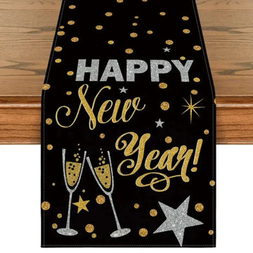 Black glitter artoid mode table runner with happy new year silver and gold foil lettering for kitchen dining use
