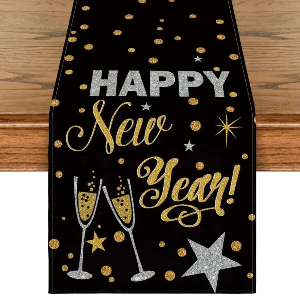 Black glitter artoid mode table runner with happy new year silver and gold foil lettering for kitchen dining use