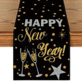 Black glitter artoid mode table runner with happy new year silver and gold foil lettering for kitchen dining year table runner
