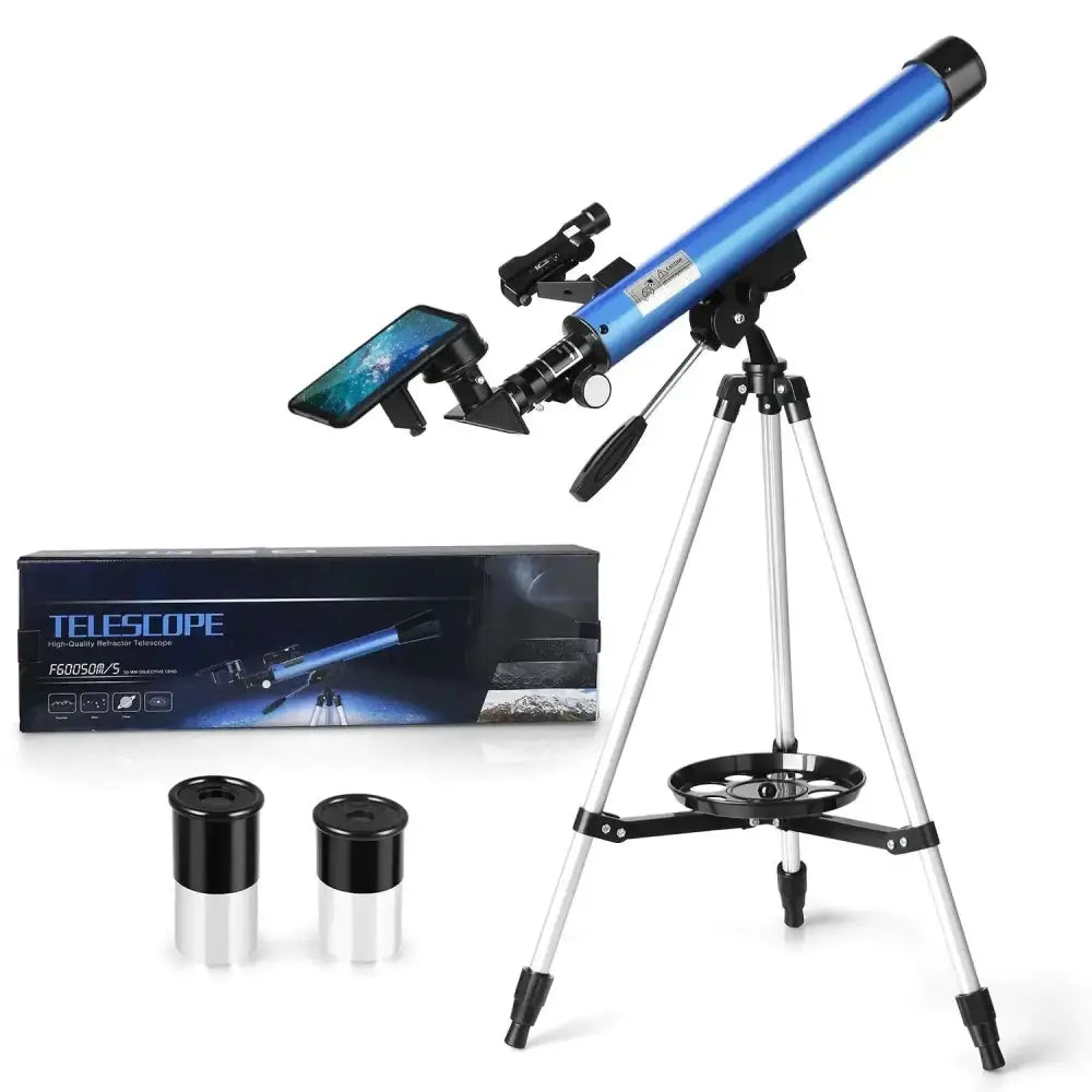 Blue and black astronomical 50mm refractor telescope with tripod mount and mobile phone adapter for viewing