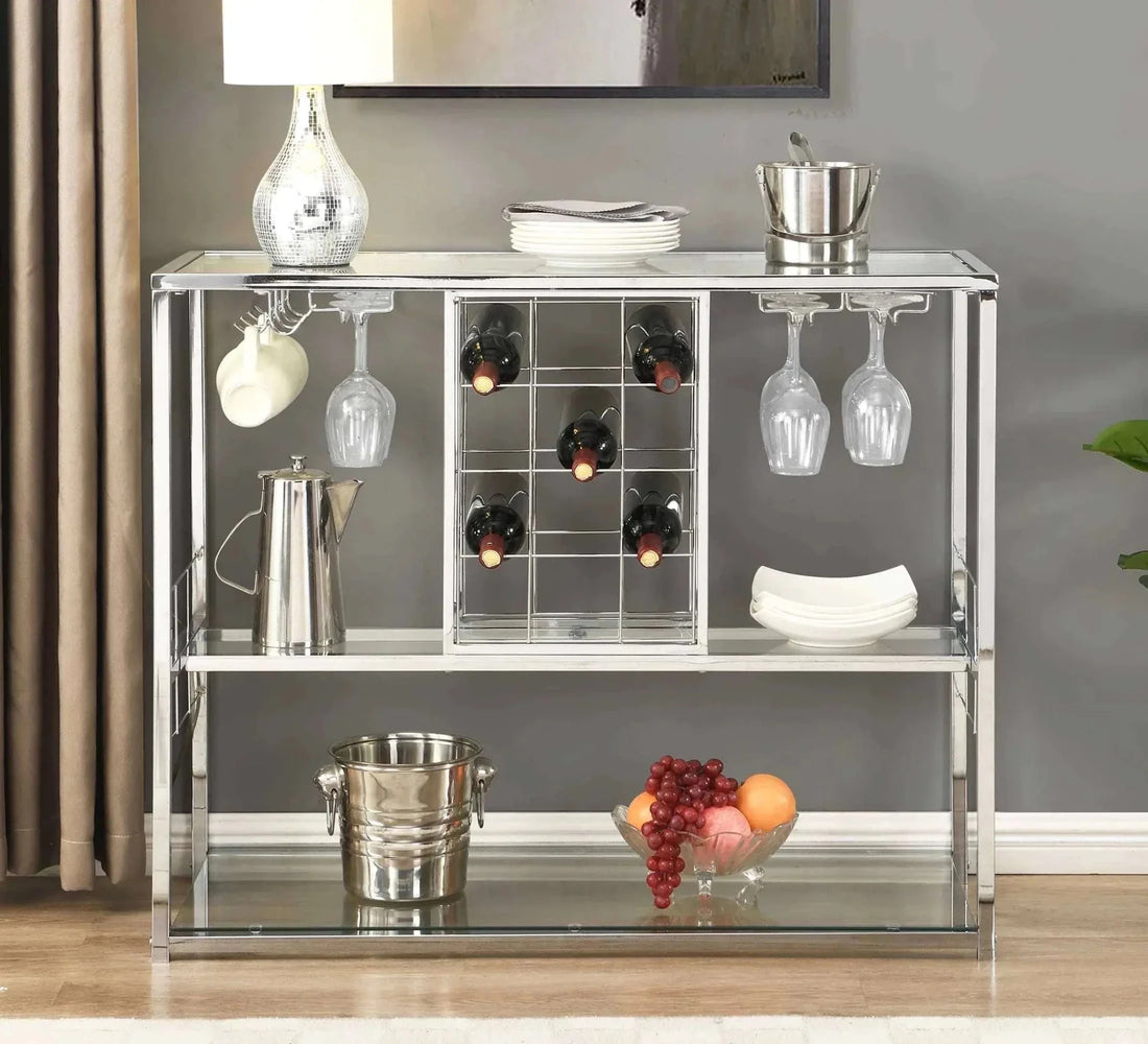 ASYA Wine Rack Table with Glass Holder 3 - Tier with Temered Glass Shelves Modern Liquor Cabinet with Storage for Wine Bar Living Room Kitchen and Dining Room (Silver Finish) - Royalessencelux