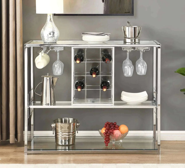 ASYA Wine Rack Table with Glass Holder 3 - Tier with Temered Glass Shelves Modern Liquor Cabinet with Storage for Wine Bar Living Room Kitchen and Dining Room (Silver Finish) - Royalessencelux