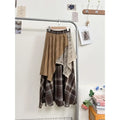 Asymmetric patchwork personality retro skirt with brown textured fabric cream crochet overlay and dark plaid panels