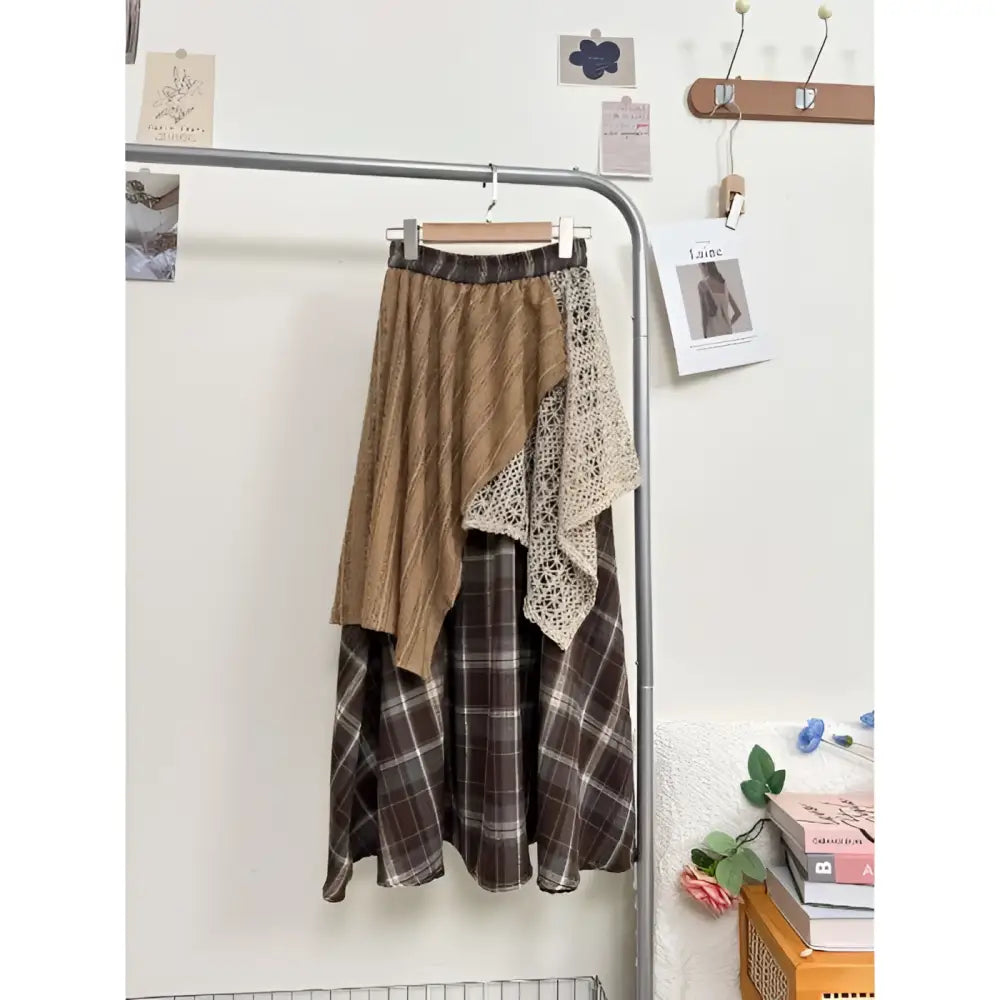 Asymmetric patchwork personality retro skirt with brown textured fabric cream crochet overlay and dark plaid panels
