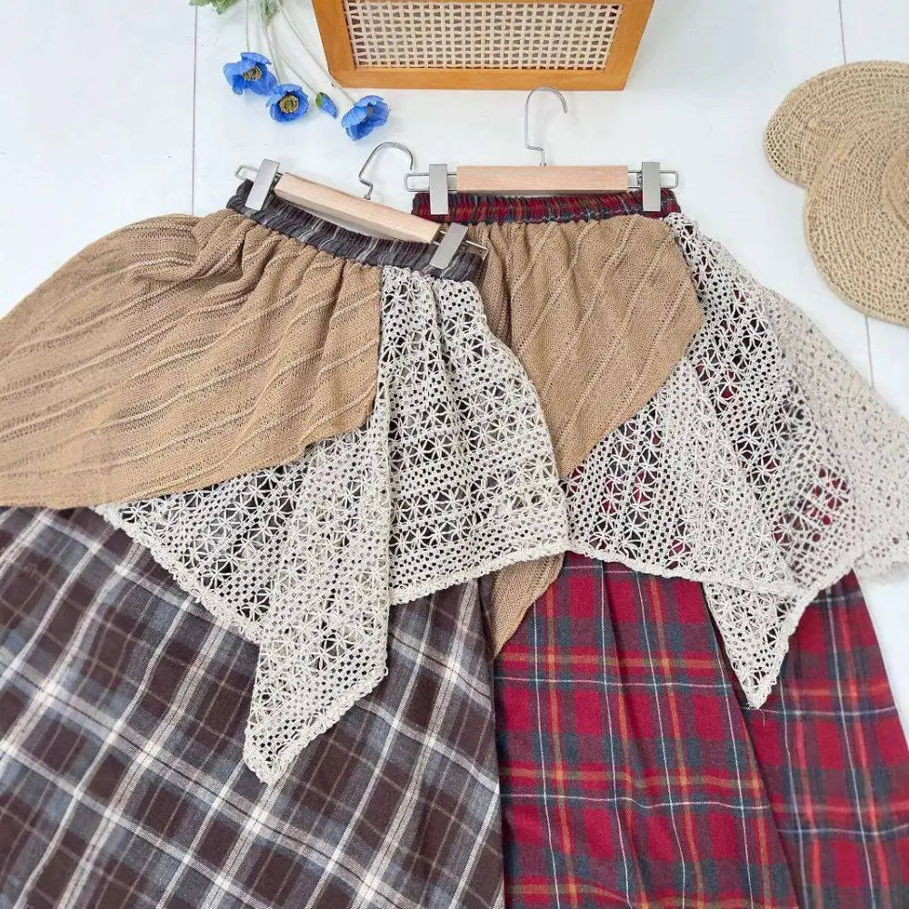 Asymmetric patchwork personality retro skirt featuring beige cream patchwork with ribbed knit top and plaid fabric panels