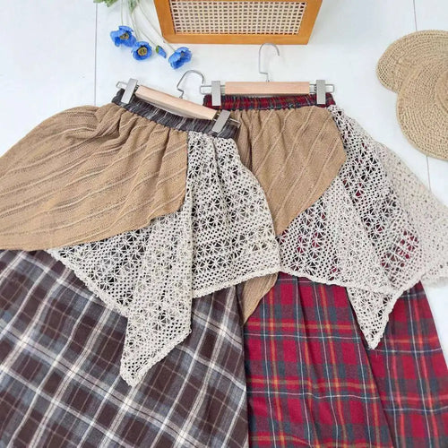 Asymmetric patchwork personality retro skirt featuring beige cream patchwork with ribbed knit top and plaid fabric panels