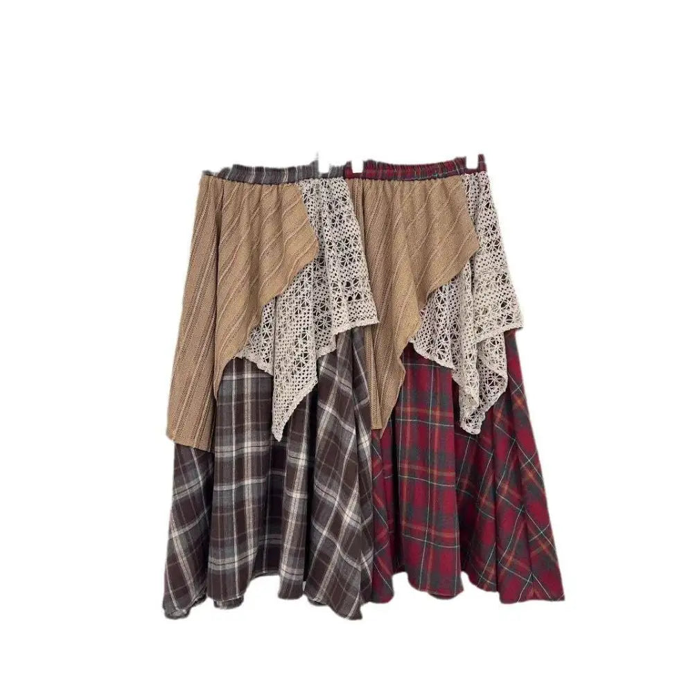 Asymmetric patchwork personality retro skirt with beige ribbed knit cream lace and brown-gray red plaid patterns