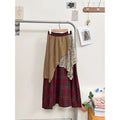 Asymmetric patchwork personality retro skirt with red plaid base tan textured overlay and off-white crochet panel